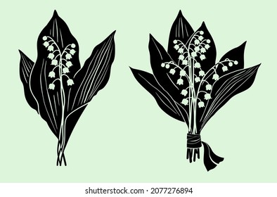 Lilies of the valley. Two black vector silhouettes of bouquets of lilies of the valley with leaves and flowers isolated on a light green background.