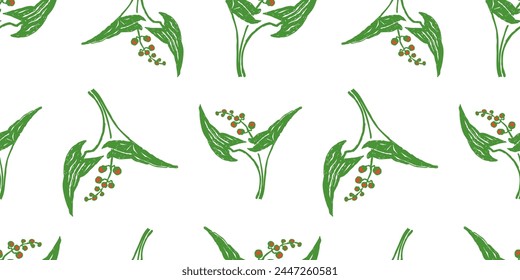 Lilies of the valley,spring flower,may, ripe,berries red,green leaves,delicate,seamless pattern,floral, white background,fabric,textile, paper, hand drawn,vector illustration