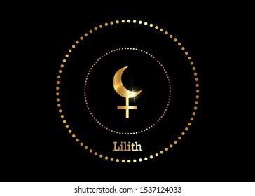 Lilith Black Moon in gold color, false fictive moon, apogee point of lunar orbit empty focus. Hieroglyphics character sign, golden vector isolated on black background 