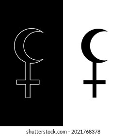 Lilith Black Moon sign icon. False mock moon, demon goddess. Wicca isolated icon in black with white outline. Esotericism, witchcraft. Vector illustration on white and black background