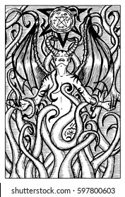 Lilith, female demon. Hand drawn vector illustration. Engraved line art drawing, black and white doodle.