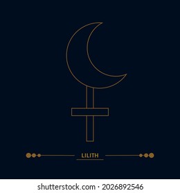 Lilith sign. False moon, demon goddess. Protective amulet for witches. Line art, art deco color. Esoteric, sacred geometry, witchcraft. Vector golden illustration isolated on black background