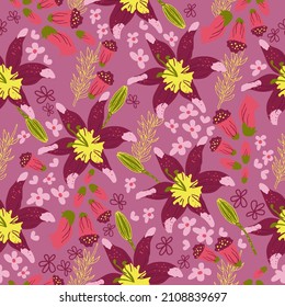 Lilium flower, floral vector seamless pattern background.