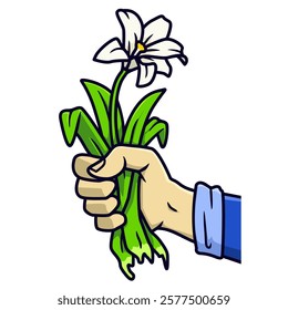 lilium flower in hand cartoon illustration