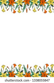 Lilium tigrinum.Decorative frame of flowers of yellow and orange lilies on a white background. Tiger lily