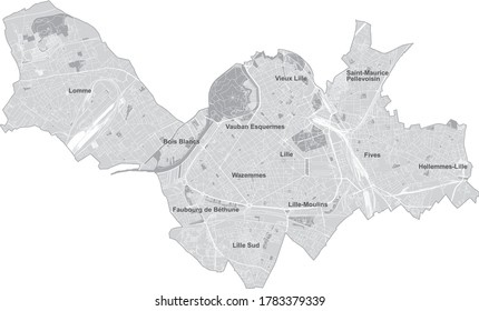 Lille city plan, map with district names in french language. Lille town in France, Vieux Lille old city street roadmap borders. City map plan. France town vector, administrative departments