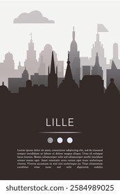 Lille city template for website, presentation, front page, invitation, publication sheet with skyline, landmarks. Vector France image layout, simple and grayscale