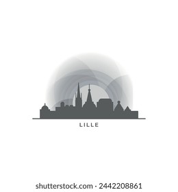 Lille cityscape skyline city panorama vector flat logo, modern icon. France landmarks and building silhouettes, isolated clipart at sunset, sunrise, night