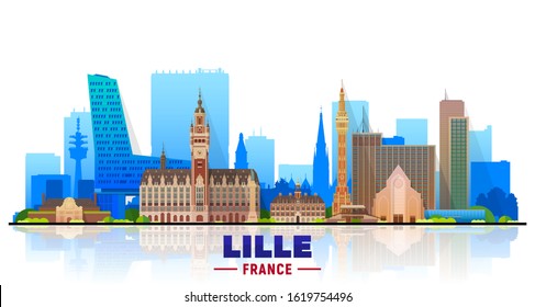 Lille ( France ) city skyline at white background. Flat vector illustration with most famous buildings. Business travel and tourism concept with modern buildings. Image for banner or web site.