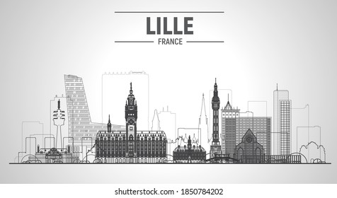 Lille ( France ) line city. Stroke vector illustration with the most famous buildings. Business travel and tourism concept with modern buildings. Image for banner or web site