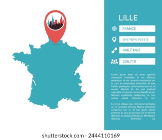 Lille France map shape vector infographics template. Modern city data statistic illustration, graphic, layout	