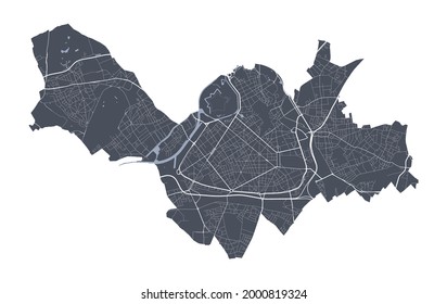 Lille map. Detailed vector map of Lille city administrative area. Cityscape poster metropolitan aria view. Dark land with white streets, roads and avenues. White background.