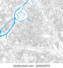 Lille, Nord, France high resolution vector map with editable paths. Bright outlines for main roads. Use it for any printed and digital background. Blue shapes and lines for water.