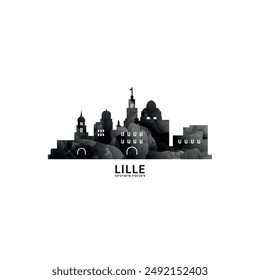 Lille panorama, vector badge, skyline logo and icon. France city horizon logotype with landmarks and building silhouettes. Isolated foggy abstract gradient graphic