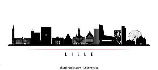 Lille skyline horizontal banner. Black and white silhouette of Lille, France. Vector template for your design. 