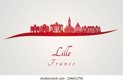 Lille skyline in red and gray background in editable vector file