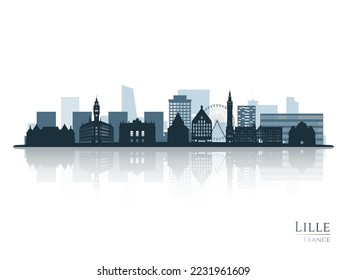 Lille skyline silhouette with reflection. Landscape Lille, France. Vector illustration.