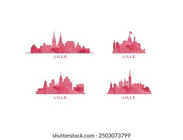 Lille skyline vector logo set. France city profile contour collection in watercolor style. Isolated minimalistic badges, icons