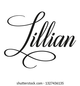Lillian. Calligraphic spelling of name. Elegant calligraphy for invitation and greeting cards. Copperplate style. Isolated black script. Vector