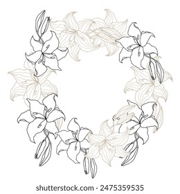 Lillie's flower circle line art wreath for wedding card or invitations. Hand drawn vector illustration template