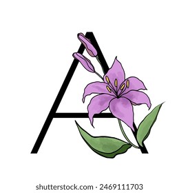 Lilly blossom purple flower alphabet for design of card or invitation. Vector floral letter illustrations, isolated on white background for wedding.