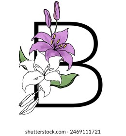 Lilly blossom purple flower alphabet for design of card or invitation. Vector floral letter illustrations, isolated on white background for wedding.