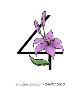 Lilly blossom purple flower alphabet number for design of card or invitation. Vector floral letter illustrations, isolated on white background for wedding.