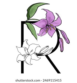 Lilly blossom purple flower alphabet for design of card or invitation. Vector floral letter illustrations, isolated on white background for wedding.