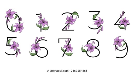 Lilly blossom purple flower alphabet number for design of card or invitation. Vector floral letter illustrations, isolated on white background for wedding.