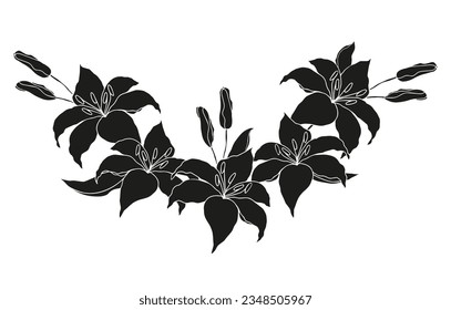 Lilly flower silhouette garland for design of card or invite.Vector hand drawn illustration, isolate on white background 