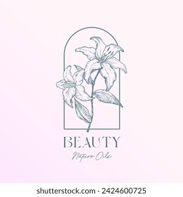 Lilly hand drawn flower emblem and typography. Trendy health care natural floral oil cosmetics logo template with frame arch. Colorful contemporary decorative gradient background. Isolated