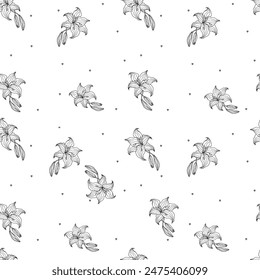 Lilly line art flower seamless pattern for design of fabric, scrapbook, wallpaper. Delicate hand drawn vector background