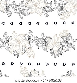 Lilly line art flower seamless pattern with striped for design of fabric, scrapbook, wallpaper. Delicate hand drawn vector background