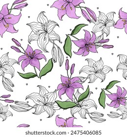 Lilly watercolor and line art flower seamless pattern for design of fabric, scrapbook, wallpaper. Delicate hand drawn vector background