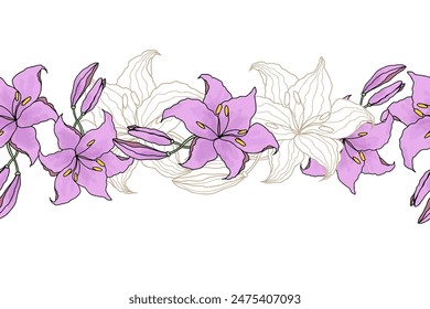 Lilly watercolor and line art flower seamless boarder for design of card or invite. delicate hand drawn vector illustration.