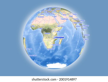 Lilongwe-Malawi se muestra en el mapa del globo vectorial. El mapa muestra la ubicación de Lilongwe-Malawi en el mundo.