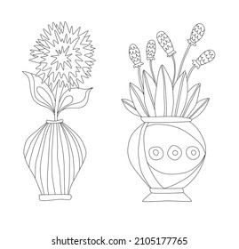 lIlustration with a bouquet of flowers in vase. Set of two vector floral elements.