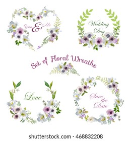 Lily with Anemone Flowers Floral Wreaths. Banners and Tags in Vector
