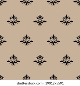 El lirio es negro sobre un fondo beige. Resumen del patrón floral. Pétalos y hojas. Ornamento clásico en tonos restringidos. Patrón elegante para papel pintado.