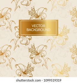 Lily botanical illustration. Vector floral sketch background seamless pattern golden design