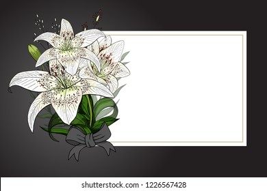 Lily bouquet on black background. Save the date, sympathy, condolences or strict style postcard vector template.