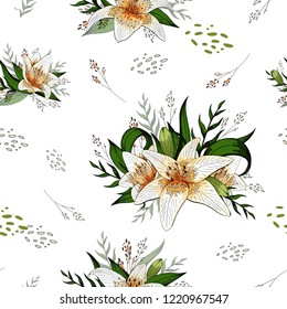 Lily bouquets and isolated on white elements seamless pattern vector. For bed linen or light textile design