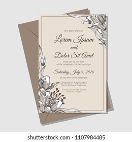 lily brown hand drawn vintage flower background wedding invitation