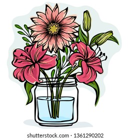Lily and chrysanthemum in a glass jar. Vector icon on white background