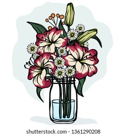 Lily and chrysanthemum in a glass jar. Vector icon on white background