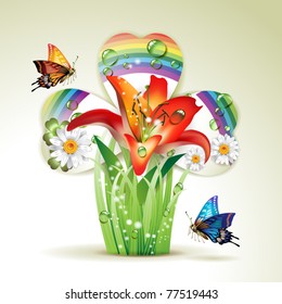 Lily and clover with drops of water and butterflies