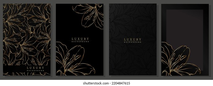 Lily cover set. Luxury template with golden floral pattern. Black and gold background for elegant invite, presentation, wedding, menu, fashionable flyer.