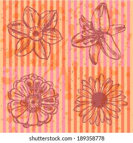 Lily, daisy and zinnia flower sketch, vector seamless pattern 