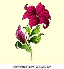 Lily Flat Vector. Lily branch and leaves Floral postcard. Wedding elements isolated background cartoon illustration.