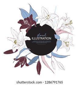Lily floral decorative elements. Botanical print with cute leaves hand drawn artwork